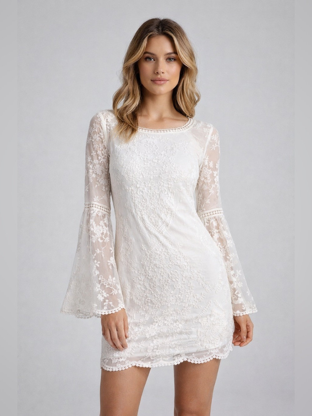 California Moonrise White Lace Bell Sleeve Boho Mini Dress Small